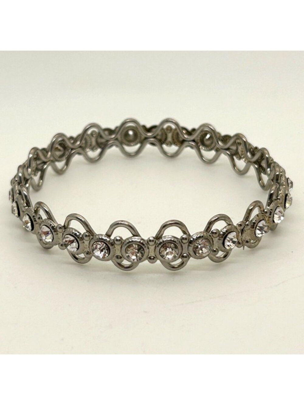 Vintage Rhinestone Bangle Cuff Bracelet Silver Tone Wedding Prom Formal 7.5"
